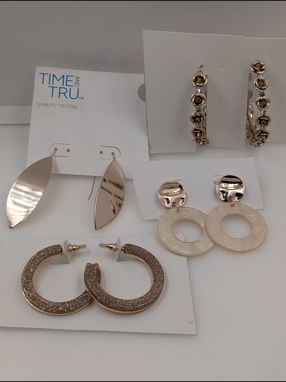 Set of 4 GoldTone Statement Earrings 3D Rose Hoops, Glitter, Resin & Petal 0117